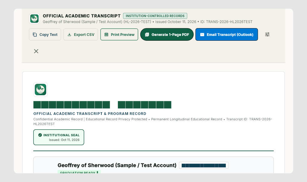 Official academic transcript document preview