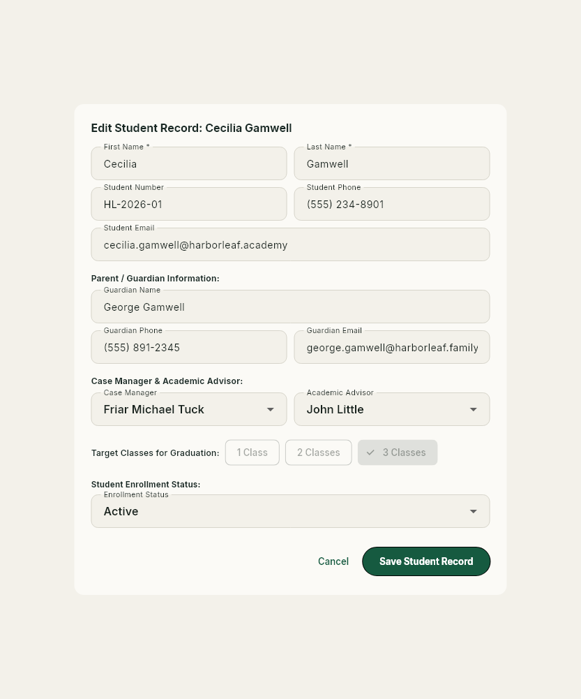 Student profile editor with enrollment details and case advisor assignment
